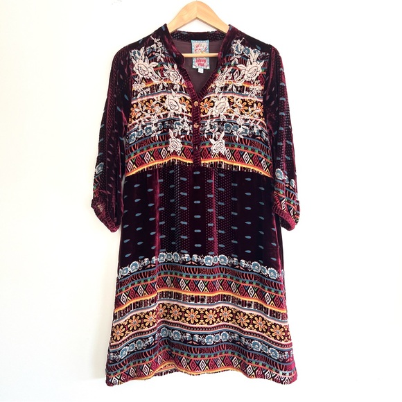 JOHNNY WAS Hania Velvet Burgundy w Multicolor Embroidery Tunic Mini Dress Sz XS - Picture 2 of 16